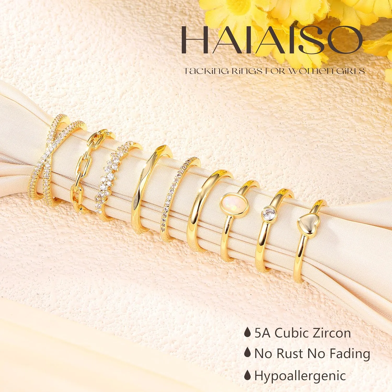 HAIAISO 9PCS 14K Gold Plate Stacking Rings for Women Stackable Knuckle Rings Set CZ Heart Rings Simple Stacking Band Ring Dainty Wedding Gold Ring Comfort Fit Size 6-11