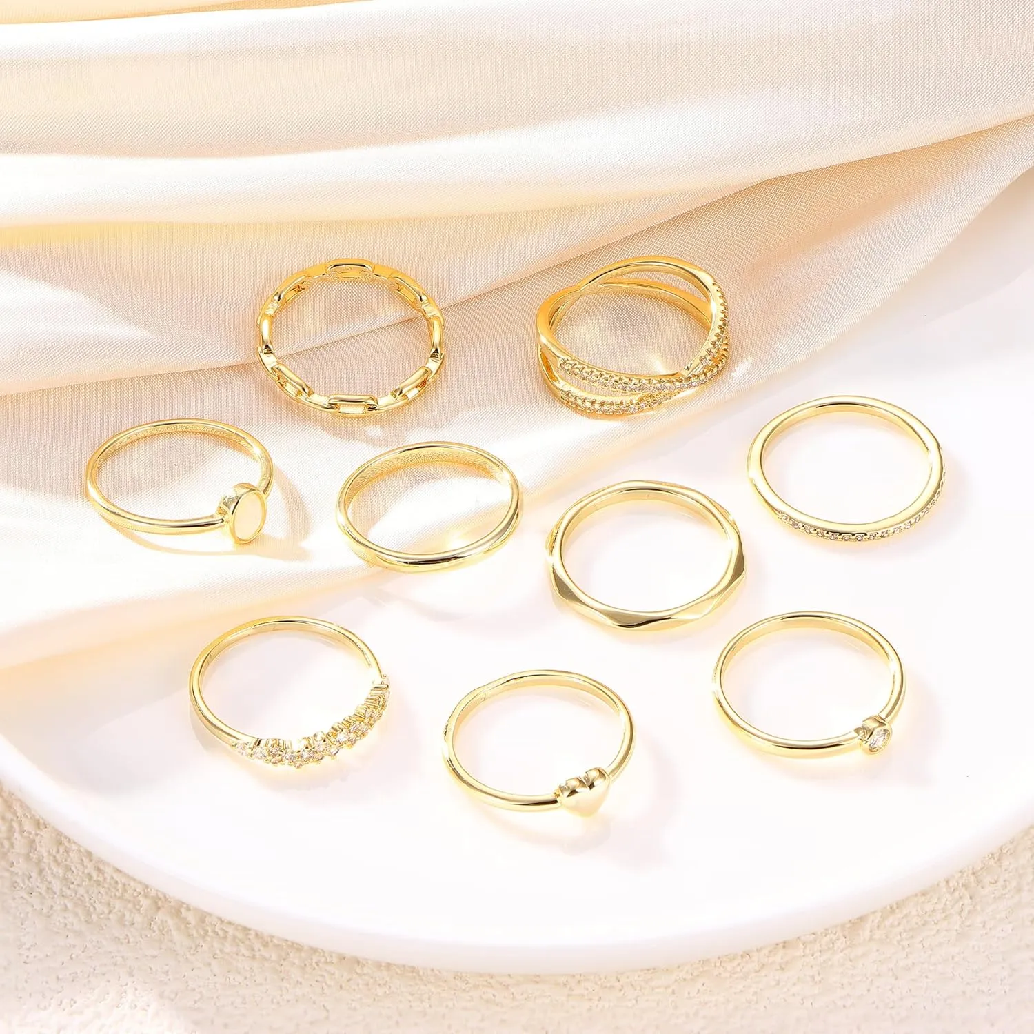 HAIAISO 9PCS 14K Gold Plate Stacking Rings for Women Stackable Knuckle Rings Set CZ Heart Rings Simple Stacking Band Ring Dainty Wedding Gold Ring Comfort Fit Size 6-11