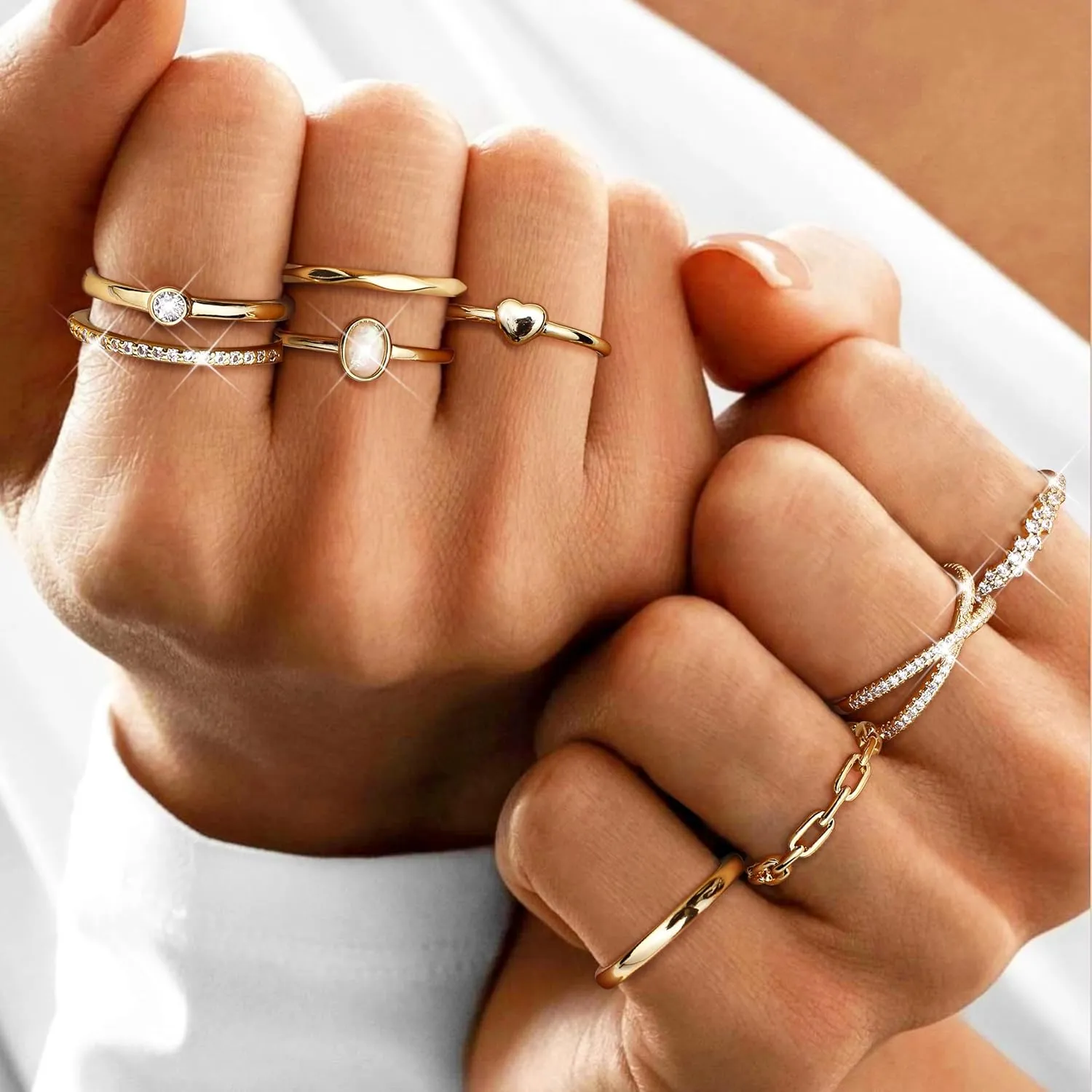 HAIAISO 9PCS 14K Gold Plate Stacking Rings for Women Stackable Knuckle Rings Set CZ Heart Rings Simple Stacking Band Ring Dainty Wedding Gold Ring Comfort Fit Size 6-11