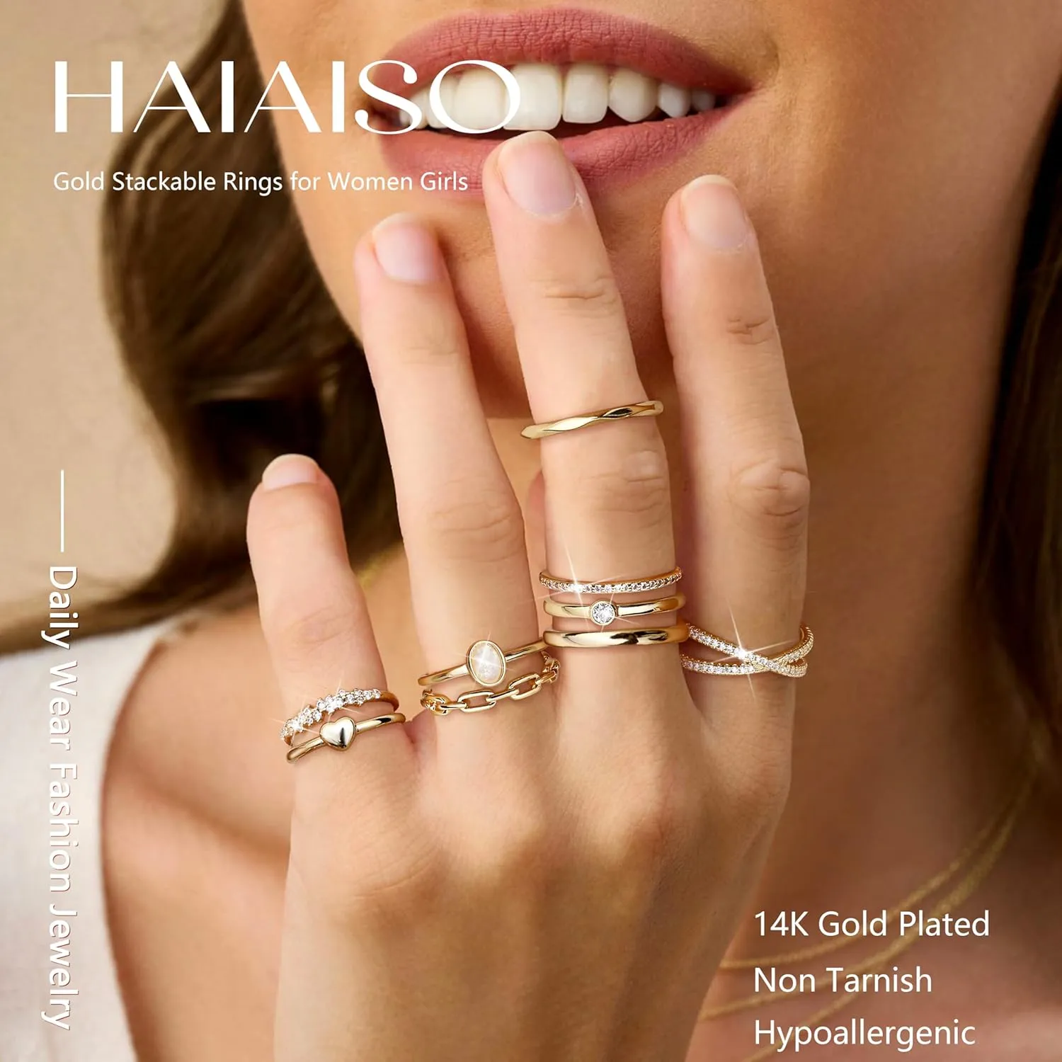 HAIAISO 9PCS 14K Gold Plate Stacking Rings for Women Stackable Knuckle Rings Set CZ Heart Rings Simple Stacking Band Ring Dainty Wedding Gold Ring Comfort Fit Size 6-11