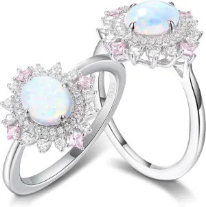 Halo 2 Carat Cabochons Oval Cut White Opal Engagement Rings for Women Sterling Silver White G-H Moissanite Platinum Plated Silver Cocktail Ring Princess Cut Pink Sapphire Promise Ring for Her