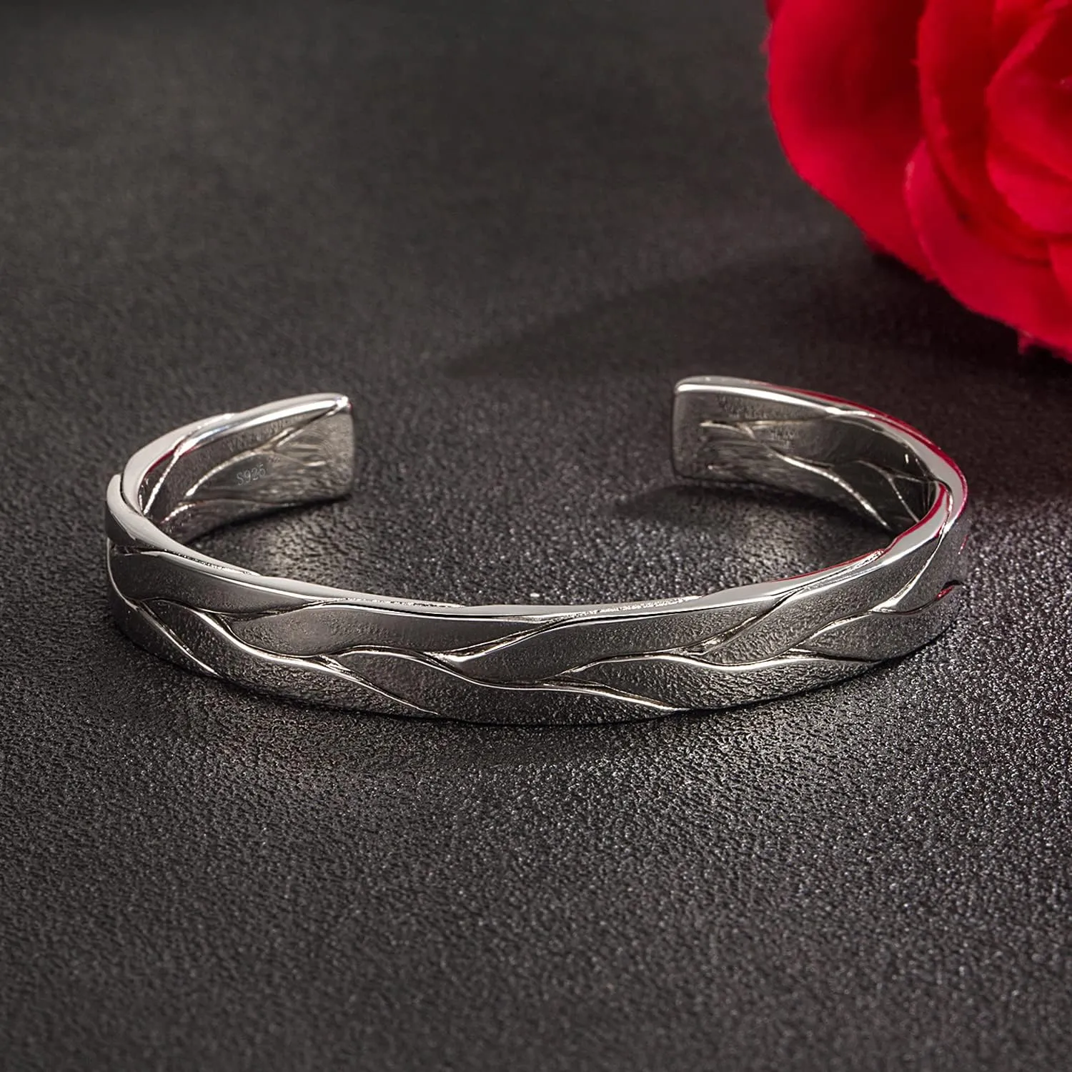 H&Beautimer 925 Sterling Silver Bracelet 7.8-9.3MM Pattern Bracelet For Women Men-Party Charm Jewelry Gift-Unisex Original Silver Open Bangle Free Adjustment