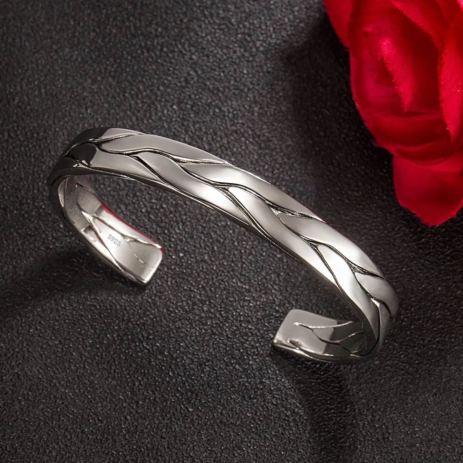 H&Beautimer 925 Sterling Silver Bracelet 7.8-9.3MM Pattern Bracelet For Women Men-Party Charm Jewelry Gift-Unisex Original Silver Open Bangle Free Adjustment