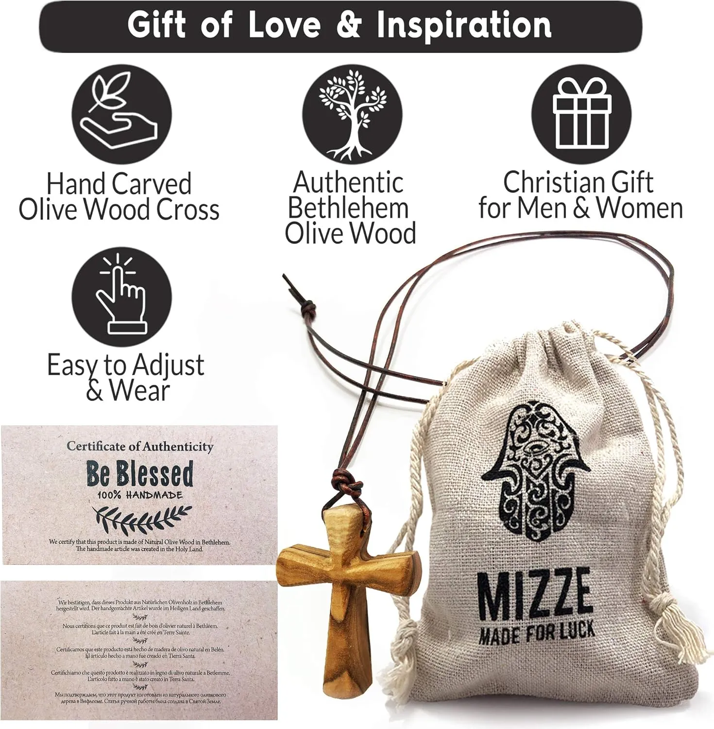 Hand Carved Tapered Wooden Cross Necklace for Men & Women on Adjustable Long Leather Cord - Available in Black or Brown - Wood Cross Pendant Gift for All Ages