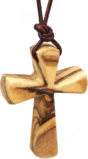 Hand Carved Tapered Wooden Cross Necklace for Men & Women on Adjustable Long Leather Cord - Available in Black or Brown - Wood Cross Pendant Gift for All Ages