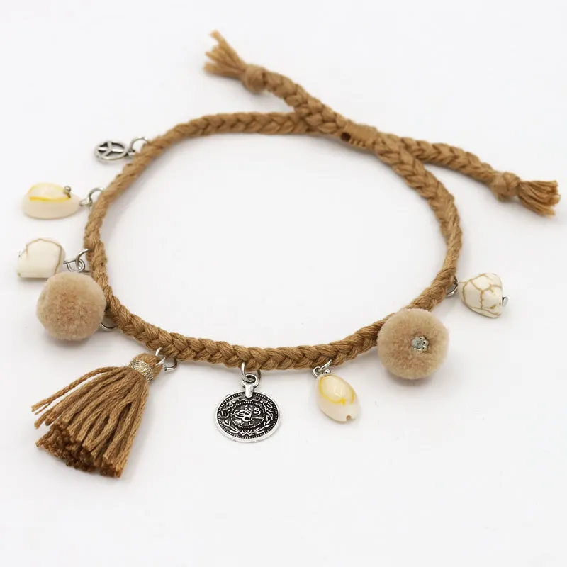Hand-woven Rope with Shell Tassel Natural Stone Adjustable Ankle