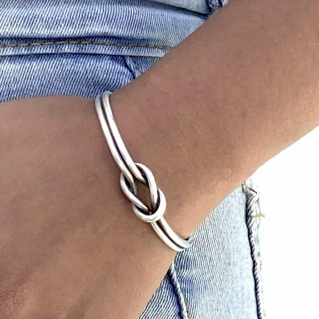 Handmade Sterling Knot Cuff Bracelet, Minimalist Rustic Simple two Silver Wires Reef Knot, Friendship Love Bracelet, 7 Inches Adjustable Cuff, Gift for Her or Him