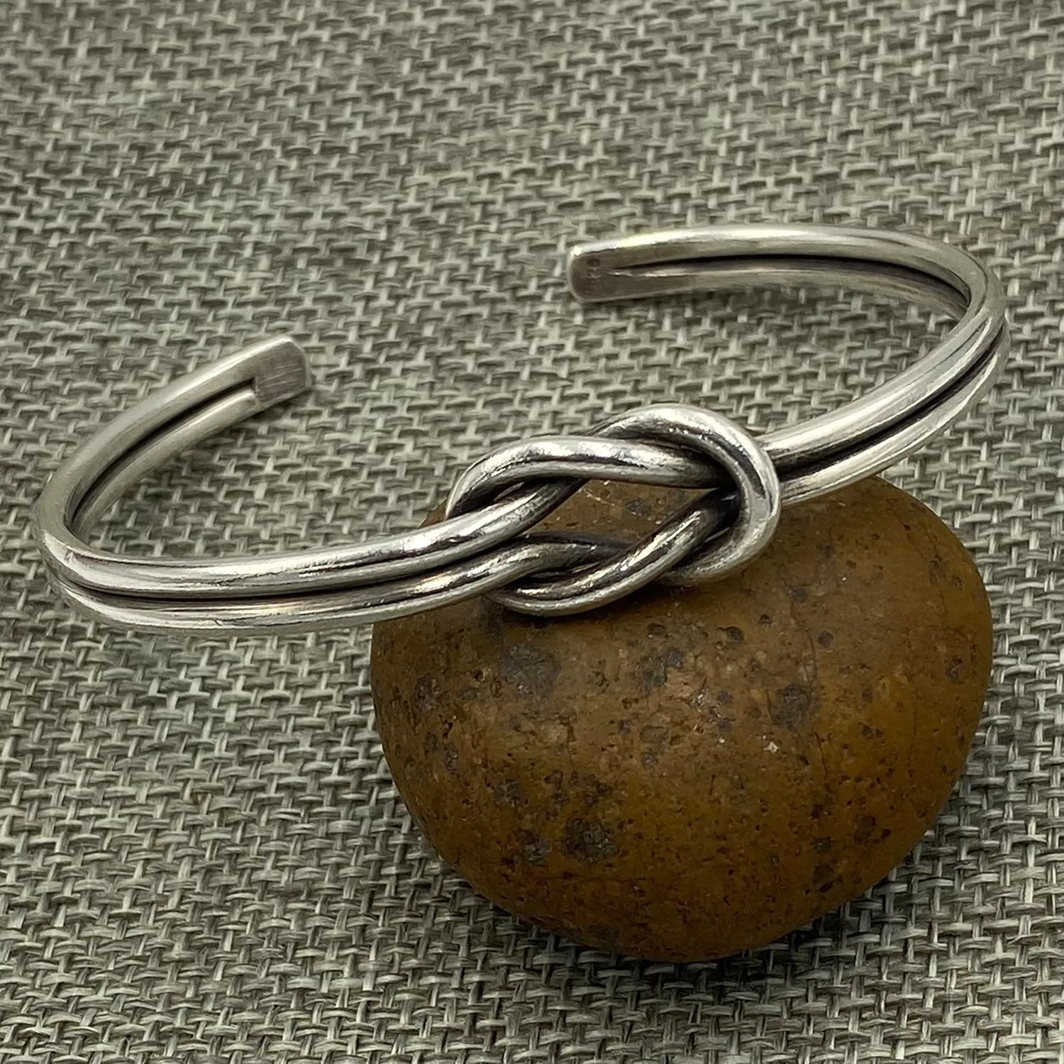 Handmade Sterling Knot Cuff Bracelet, Minimalist Rustic Simple two Silver Wires Reef Knot, Friendship Love Bracelet, 7 Inches Adjustable Cuff, Gift for Her or Him