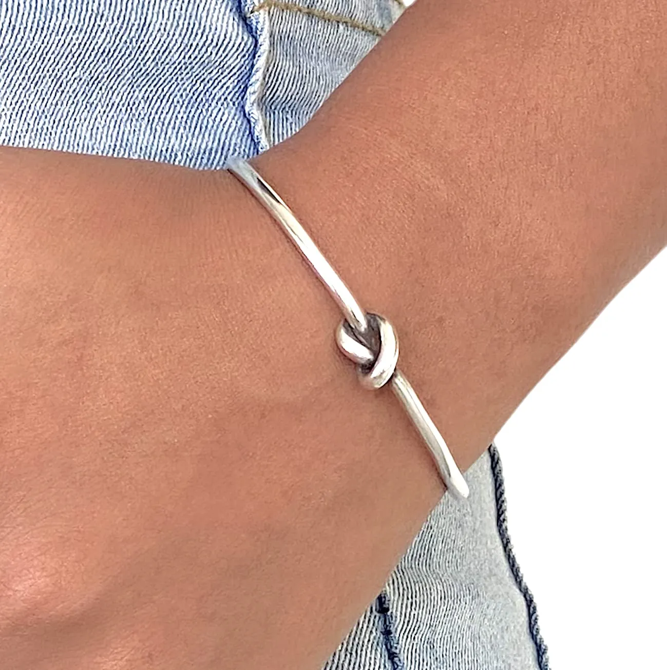 Handmade Sterling Silver Knot Cuff Bracelet, Minimalist Rustic Simple Tied Silver Wire, Adjustable 6 7/8 inches Cuff, Women size M-L, Men size S-M, Gift for Her or Him