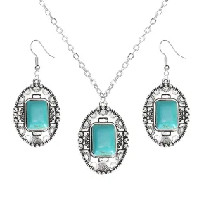 Handmade Turquoise Western Necklace Earring Set for Women Girls Boho Oval Flower Cross Earrings Bohemian Vintage Statement Pendant Necklace Western Cowgirl Turquoise Jewelry (Oval)