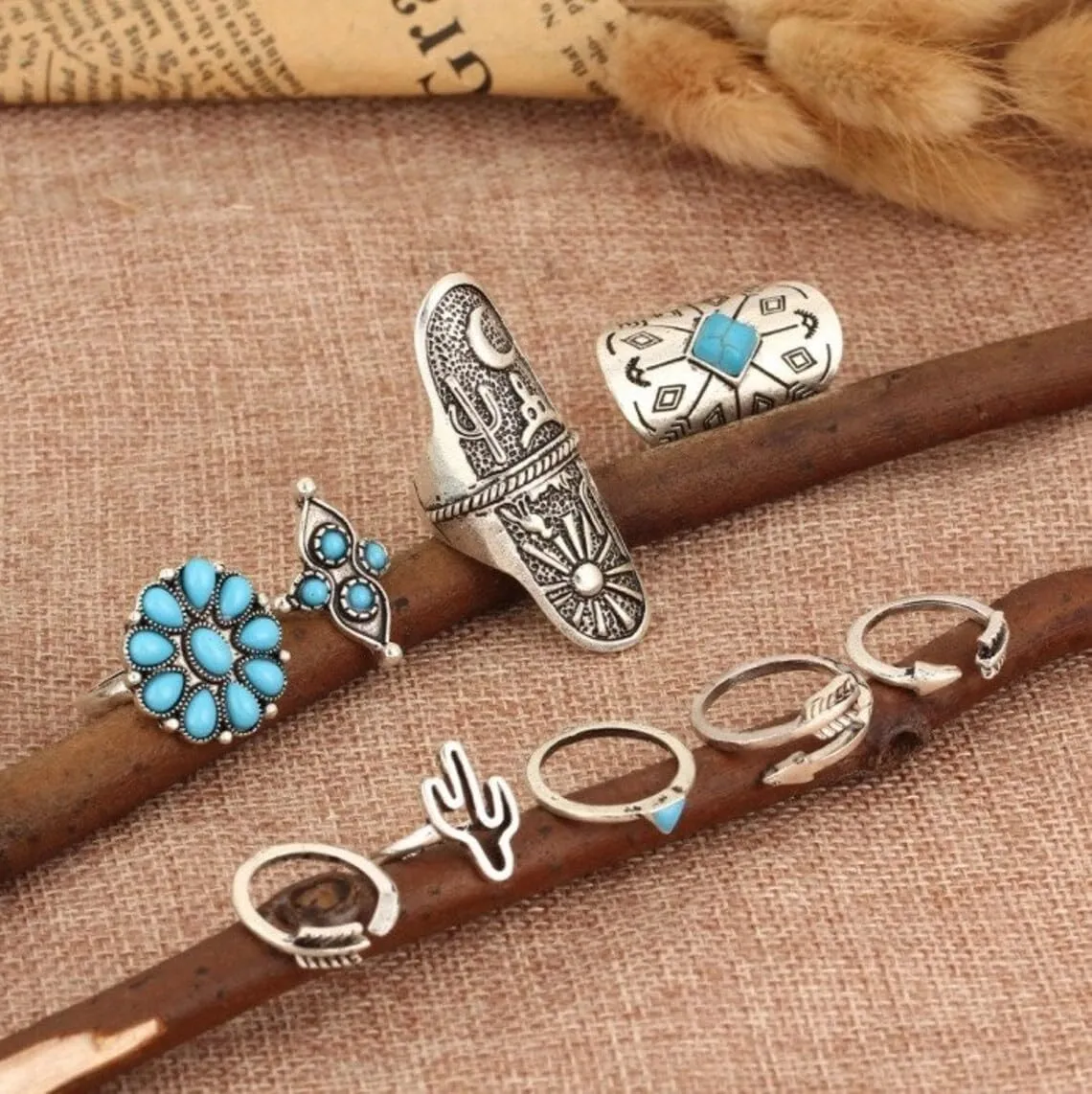 Harry and Henry Turquoise Ring Set Western Jewelry for Women Vintage Western Rings Set Boho Rings Knuckle Stackable Rings Trendy Stuff Turquoise Jewelry for Women