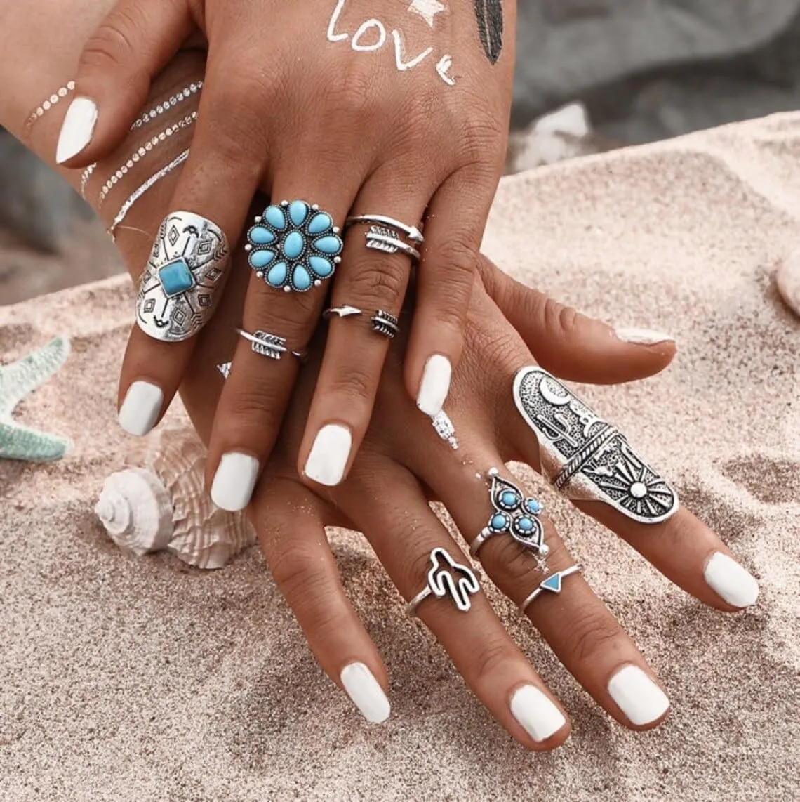 Harry and Henry Turquoise Ring Set Western Jewelry for Women Vintage Western Rings Set Boho Rings Knuckle Stackable Rings Trendy Stuff Turquoise Jewelry for Women