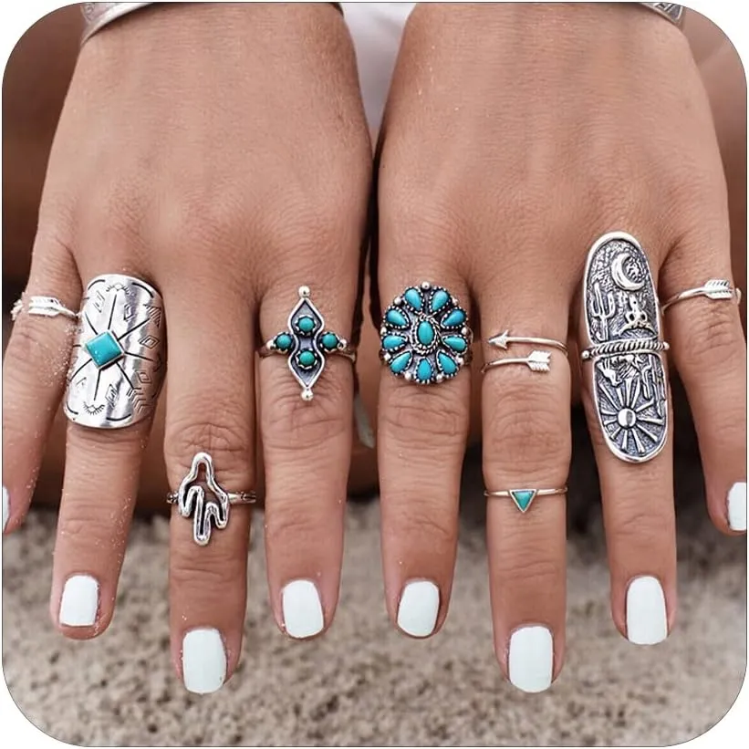 Harry and Henry Turquoise Ring Set Western Jewelry for Women Vintage Western Rings Set Boho Rings Knuckle Stackable Rings Trendy Stuff Turquoise Jewelry for Women