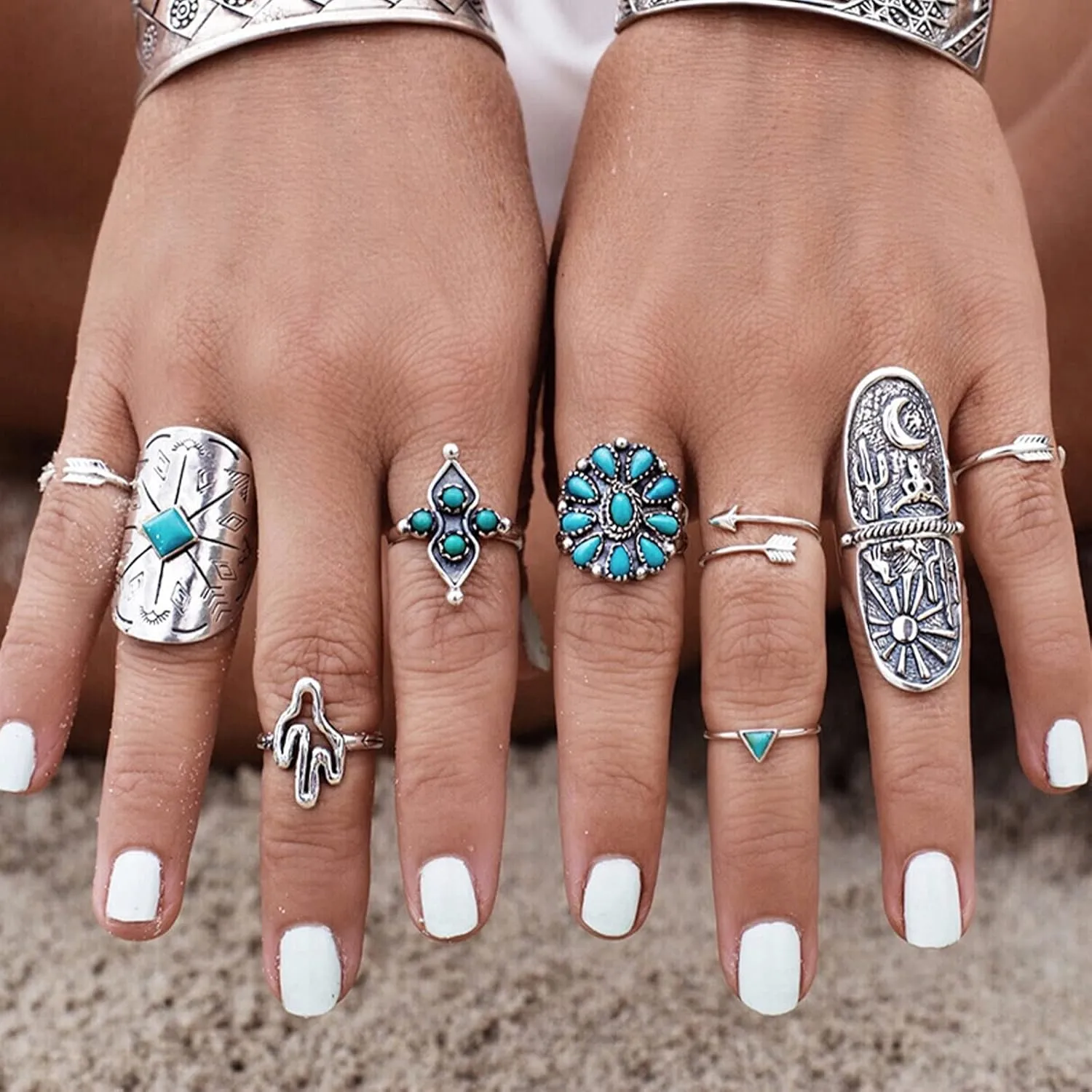 Harry and Henry Turquoise Ring Set Western Jewelry for Women Vintage Western Rings Set Boho Rings Knuckle Stackable Rings Trendy Stuff Turquoise Jewelry for Women