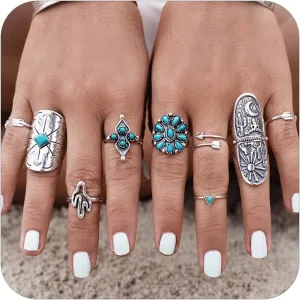 Harry and Henry Turquoise Ring Set Western Jewelry for Women Vintage Western Rings Set Boho Rings Knuckle Stackable Rings Trendy Stuff Turquoise Jewelry for Women