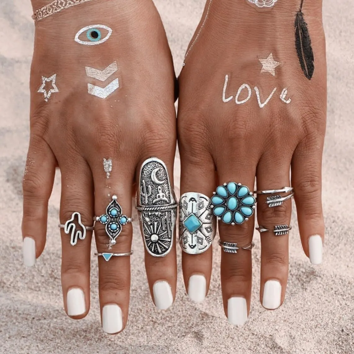 Harry and Henry Turquoise Ring Set Western Jewelry for Women Vintage Western Rings Set Boho Rings Knuckle Stackable Rings Trendy Stuff Turquoise Jewelry for Women