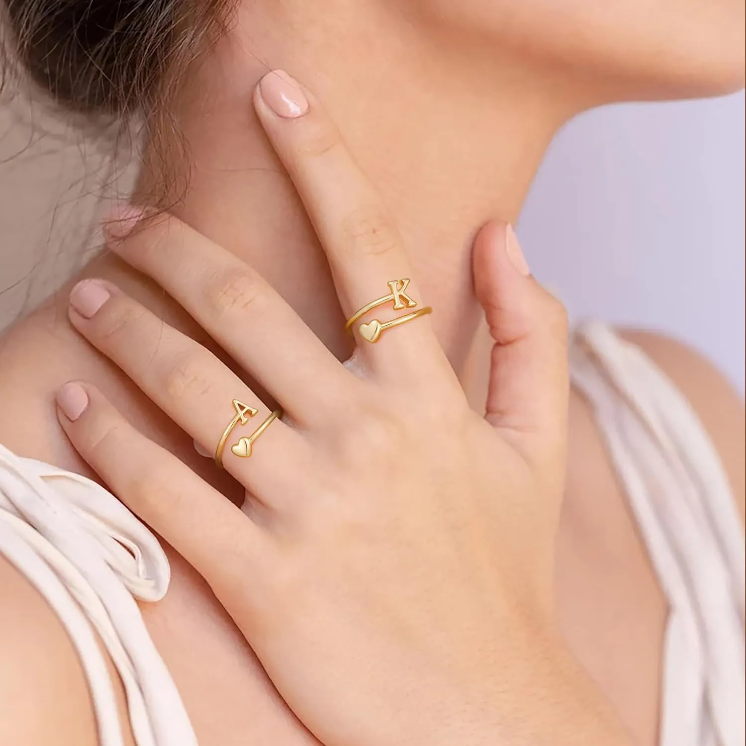 Heart Initial Rings for Women Teen Girls, Stackable Rings Cute Dainty Adjustable Open Ring Jewelry Birthday Gifts for Daughter Mom Sister Wife Friends Grandma