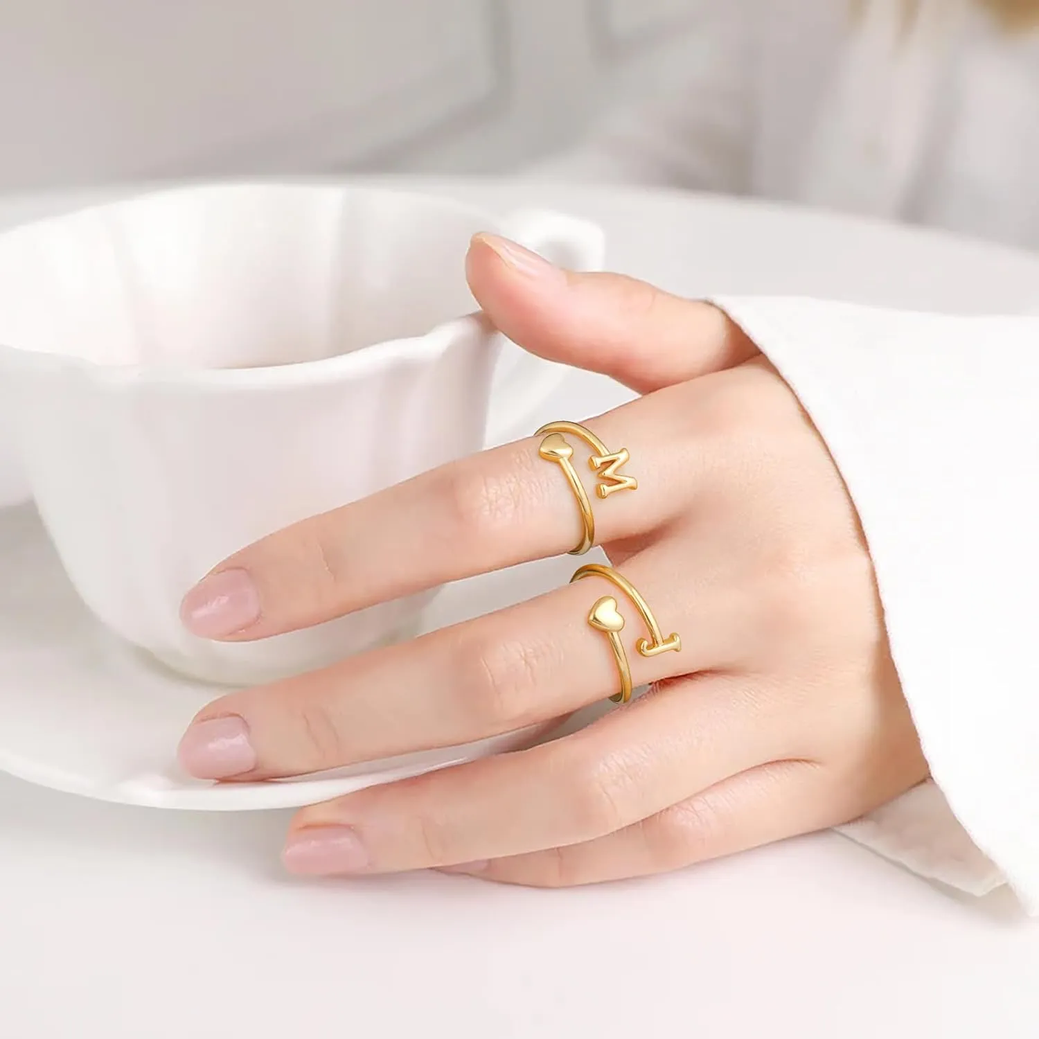 Heart Initial Rings for Women Teen Girls, Stackable Rings Cute Dainty Adjustable Open Ring Jewelry Birthday Gifts for Daughter Mom Sister Wife Friends Grandma