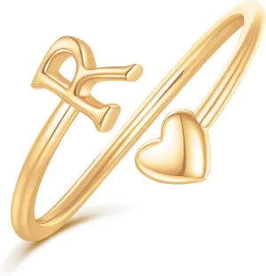 Heart Initial Rings for Women Teen Girls, Stackable Rings Cute Dainty Adjustable Open Ring Jewelry Birthday Gifts for Daughter Mom Sister Wife Friends Grandma