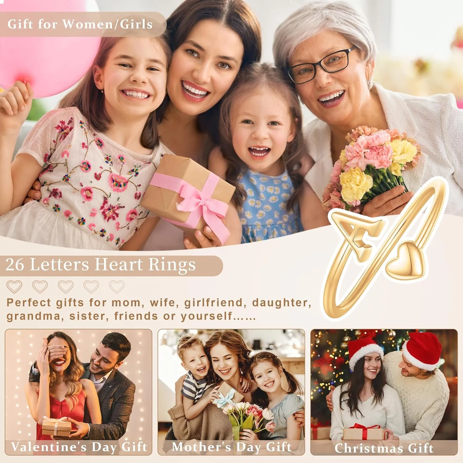 Heart Initial Rings for Women Teen Girls, Stackable Rings Cute Dainty Adjustable Open Ring Jewelry Birthday Gifts for Daughter Mom Sister Wife Friends Grandma