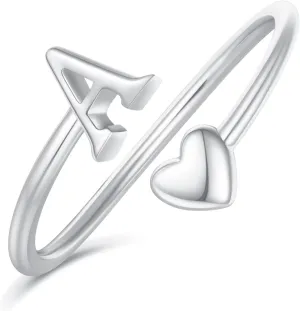 Heart Initial Rings for Women Teen Girls, Stackable Rings Cute Dainty Adjustable Open Ring Jewelry Birthday Gifts for Daughter Mom Sister Wife Friends Grandma