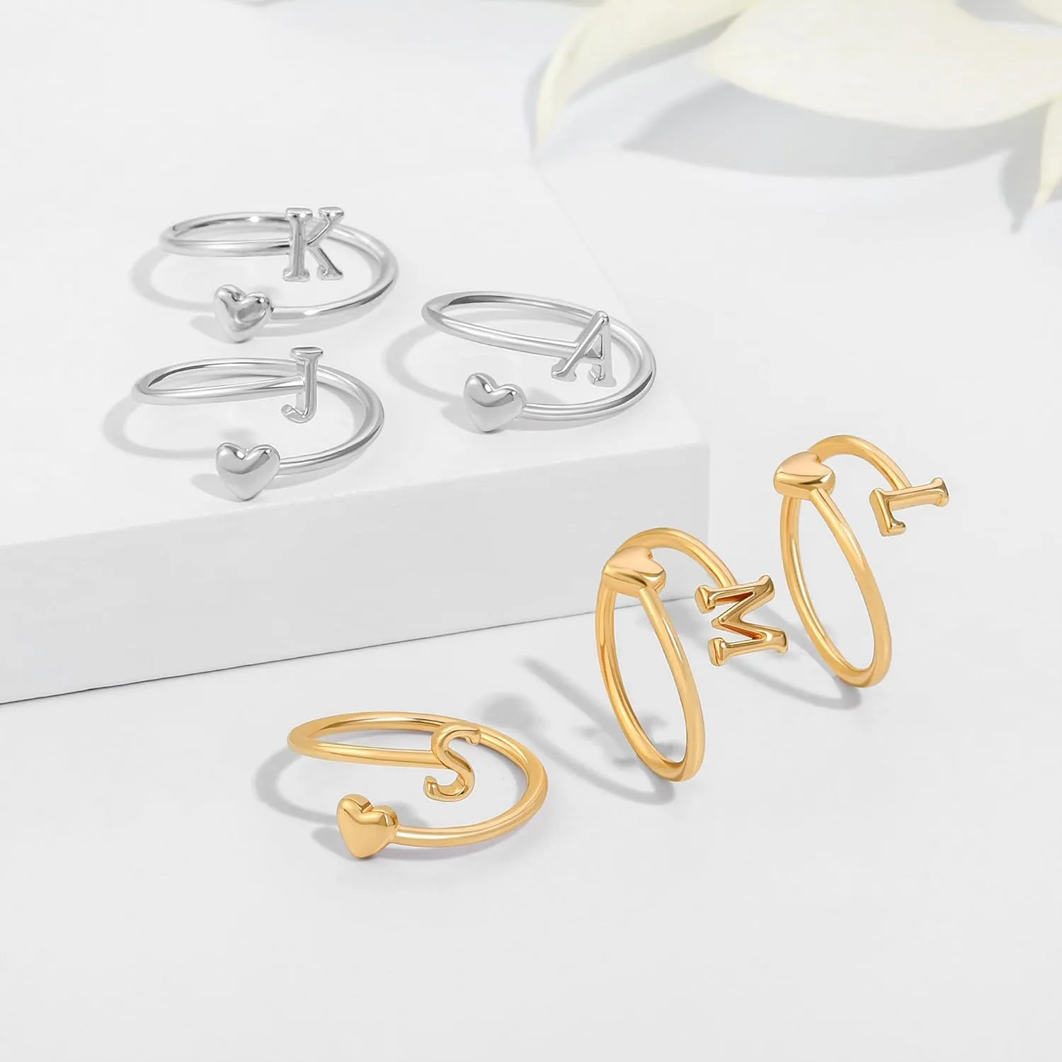 Heart Initial Rings for Women Teen Girls, Stackable Rings Cute Dainty Adjustable Open Ring Jewelry Birthday Gifts for Daughter Mom Sister Wife Friends Grandma