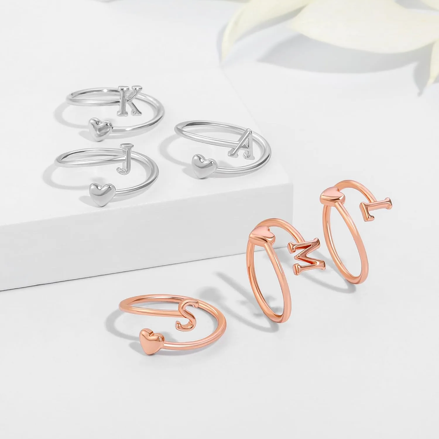 Heart Initial Rings for Women Teen Girls, Stackable Rings Cute Dainty Adjustable Open Ring Jewelry Birthday Gifts for Daughter Mom Sister Wife Friends Grandma