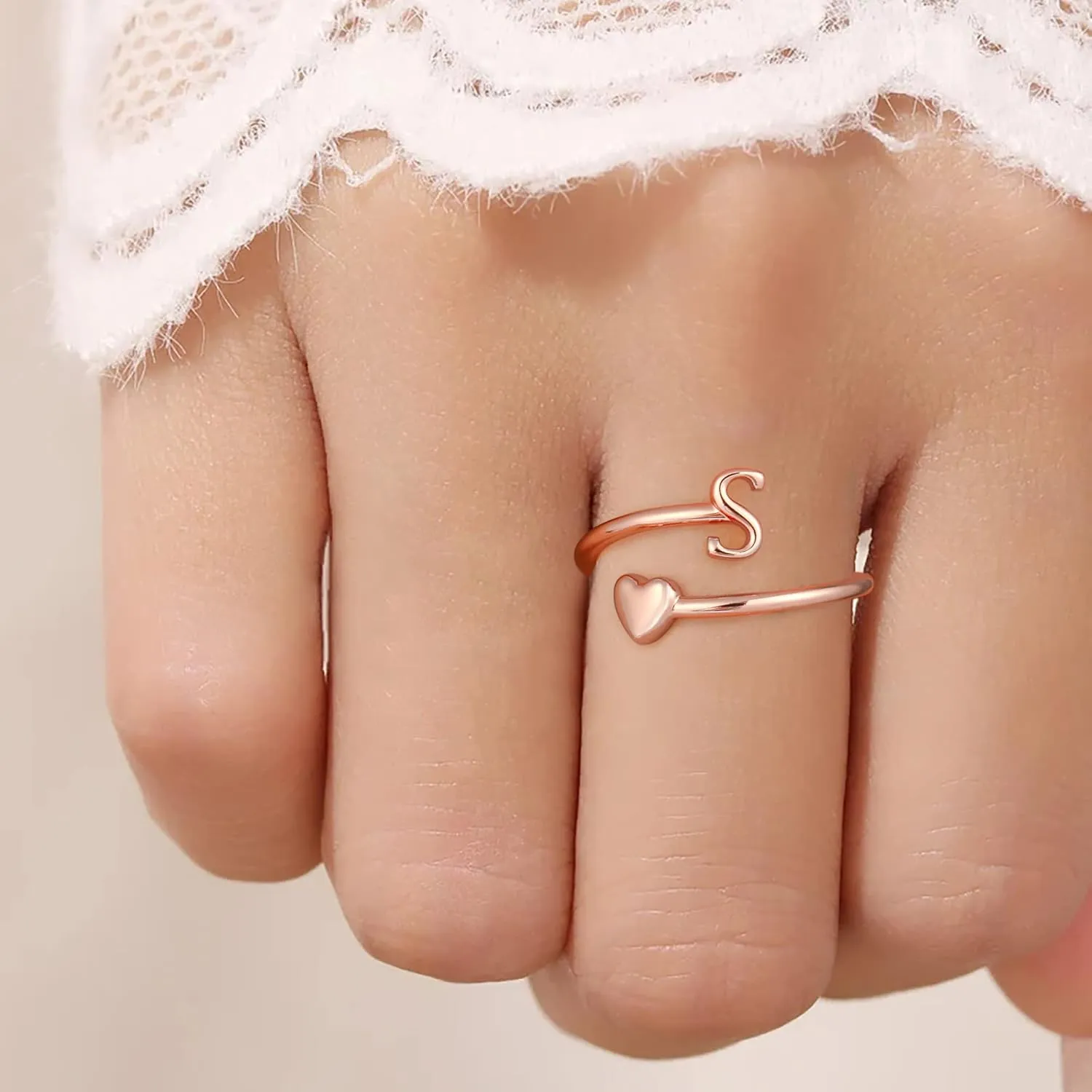Heart Initial Rings for Women Teen Girls, Stackable Rings Cute Dainty Adjustable Open Ring Jewelry Birthday Gifts for Daughter Mom Sister Wife Friends Grandma