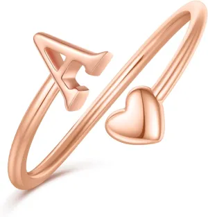 Heart Initial Rings for Women Teen Girls, Stackable Rings Cute Dainty Adjustable Open Ring Jewelry Birthday Gifts for Daughter Mom Sister Wife Friends Grandma