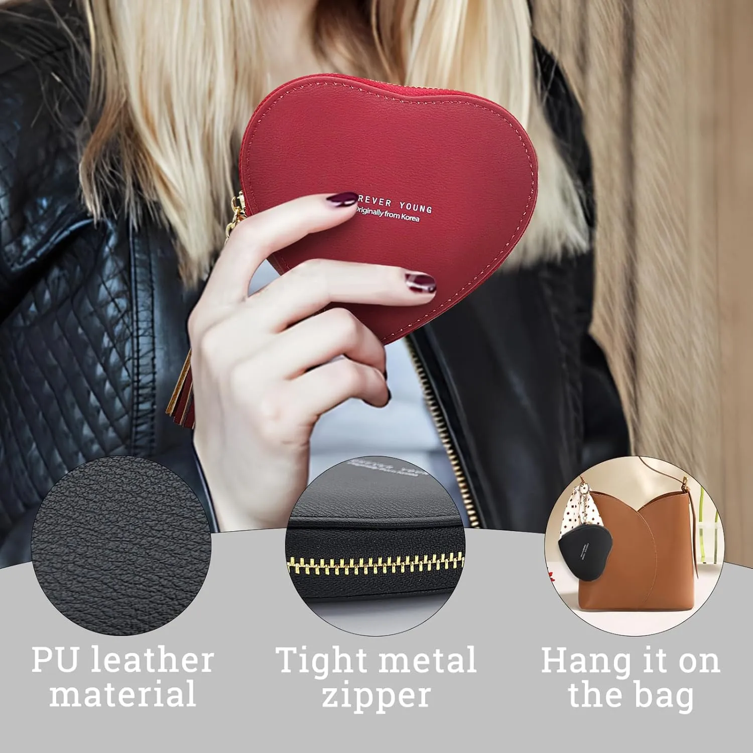 Heart-shaped Coin Wallet, PU Leather Coin Pouch Change Purse with Keychain, Cute Coin Purse for Women and Girls, Coin Holder Coin Purses for Shopping, Travel (pink)