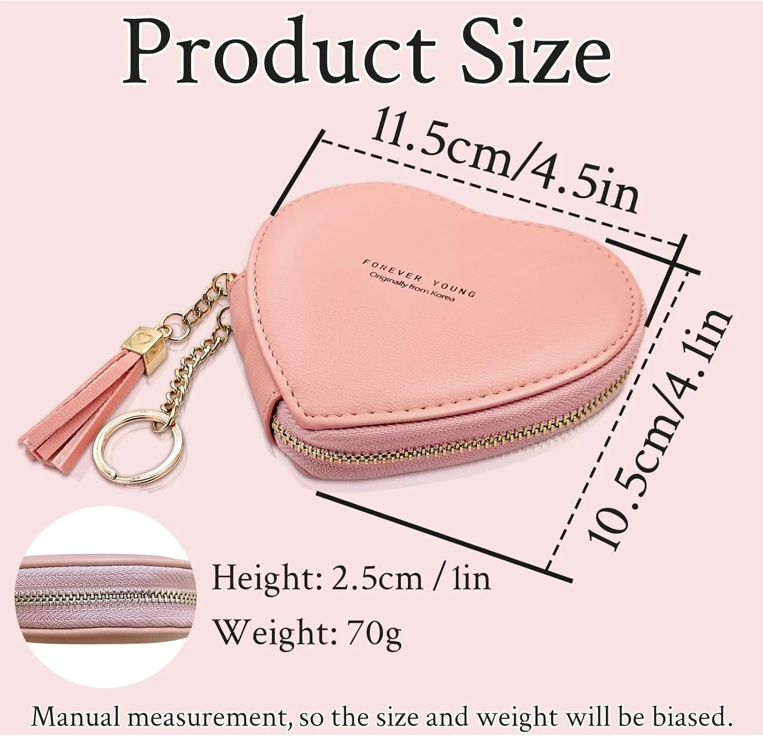 Heart-shaped Coin Wallet, PU Leather Coin Pouch Change Purse with Keychain, Cute Coin Purse for Women and Girls, Coin Holder Coin Purses for Shopping, Travel (pink)