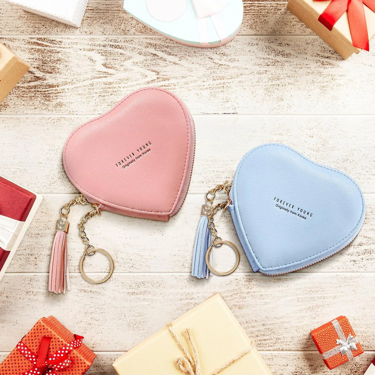 Heart-shaped Coin Wallet, PU Leather Coin Pouch Change Purse with Keychain, Cute Coin Purse for Women and Girls, Coin Holder Coin Purses for Shopping, Travel (pink)