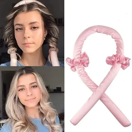Heatless Curling Rod Headband Two Silk Hair Ties and One Hair Clip for Women with Long Hair (Pink)