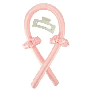 Heatless Curling Rod Headband Two Silk Hair Ties and One Hair Clip for Women with Long Hair (Pink)