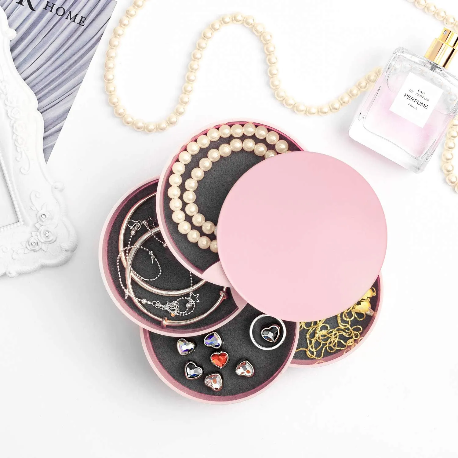 HengLiSam Jewelry Organizer, Small Jewelry Box Earring Holder for Women, Jewelry Storage Box 4-Layer Rotatable Jewelry Accessory Storage Tray with Lid for Rings Bracelets
