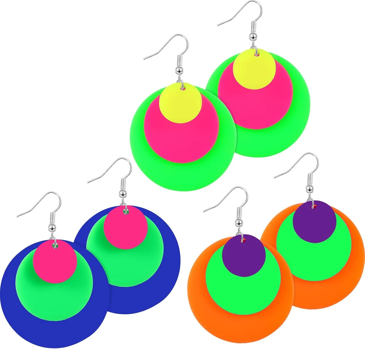 Hicarer 3 Pairs 80s 90s Neon Earrings for Women Fluorescent Neon Hoop Accessories for Glow Party Round Retro Pendant Acrylic Drop Dangle 80's Outfit Jewelry