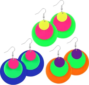 Hicarer 3 Pairs 80s 90s Neon Earrings for Women Fluorescent Neon Hoop Accessories for Glow Party Round Retro Pendant Acrylic Drop Dangle 80's Outfit Jewelry