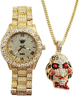 Hip Hop Gold Plated Iced Bling Lab Diamonds Watch & Jigsaw Pendant Necklace Set