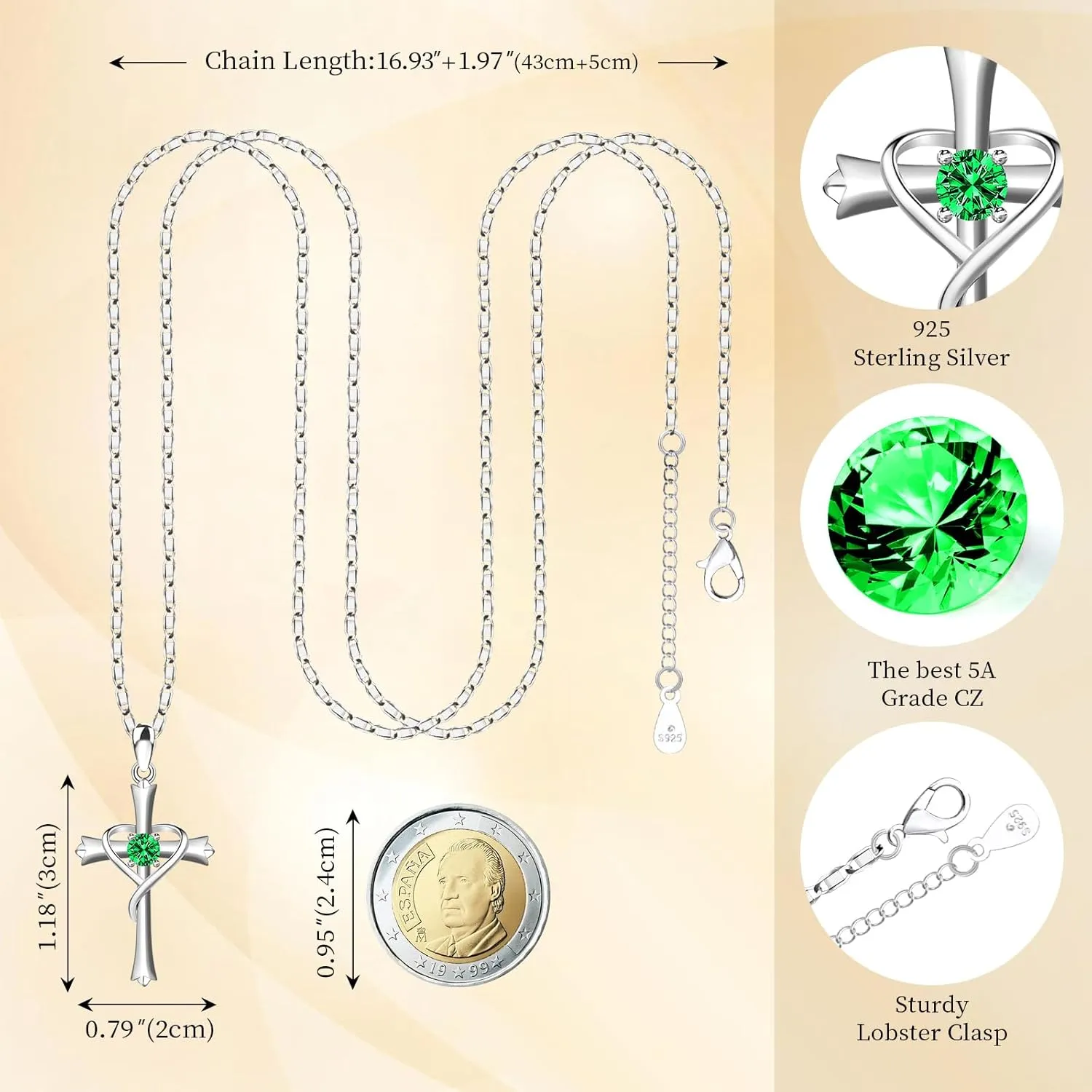 HOH-Tech Cross Necklace for Women 925 Sterling Silver 5A CZ Birthstone Cross Pendant Necklaces Cross Jewelry Valentine's Birthday Anniversary Wedding Christmas Mothers Day Gifts for Mom Wife