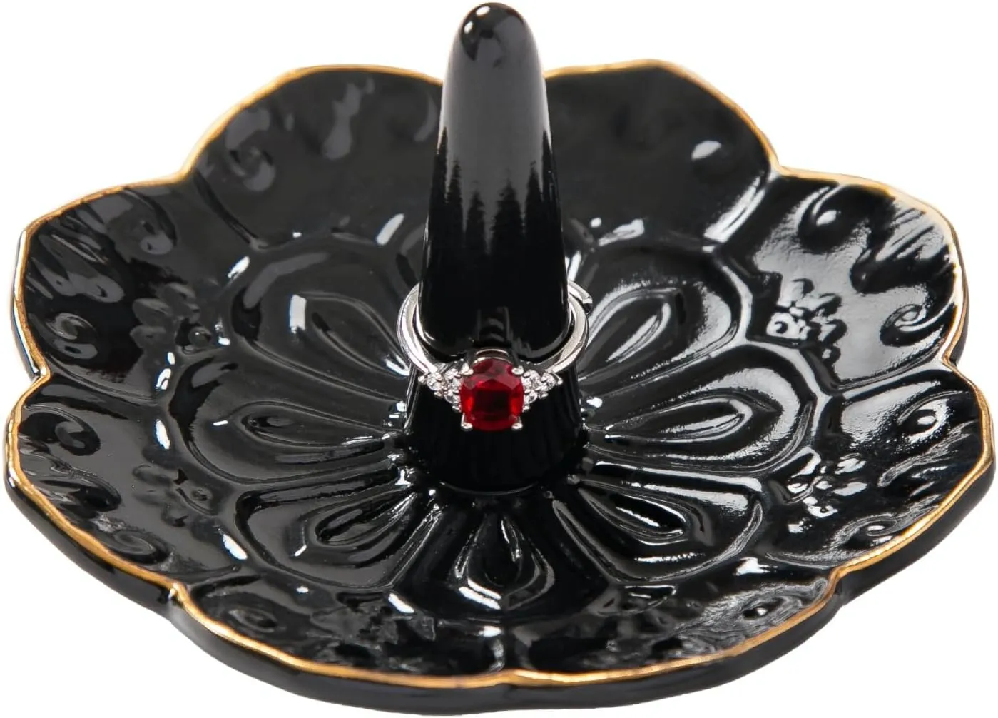HOMEGOAL Ceramic Ring Holder Dish for Jewelry, Decorative Mandala Jewelry Tray for Rings Earrings Necklaces Watch Keys, Aesthetic Room Decor, Birthday Engagement Wedding Gifts for Women (Black)