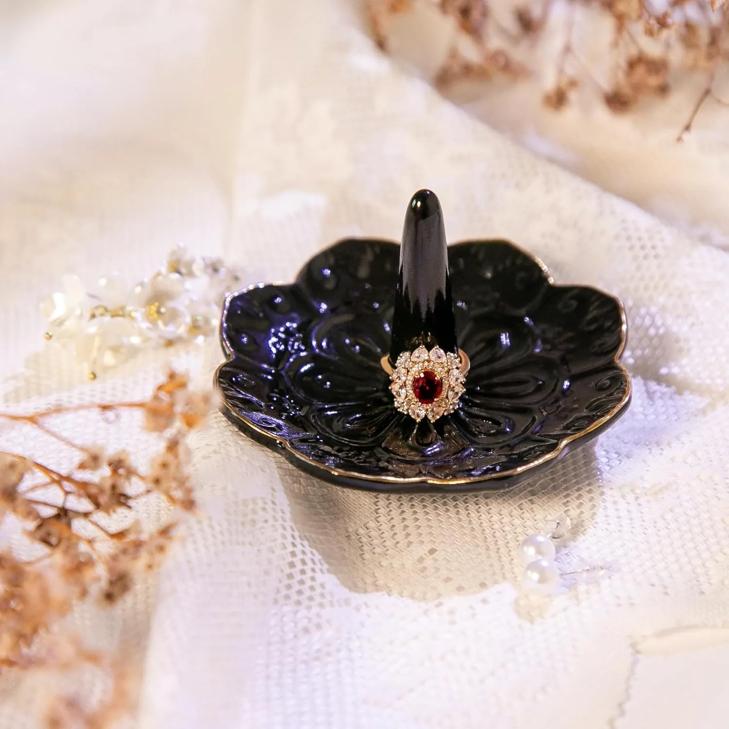 HOMEGOAL Ceramic Ring Holder Dish for Jewelry, Decorative Mandala Jewelry Tray for Rings Earrings Necklaces Watch Keys, Aesthetic Room Decor, Birthday Engagement Wedding Gifts for Women (Black)