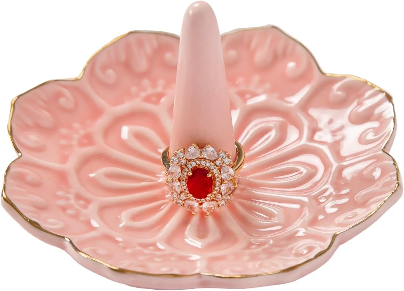 HOMEGOAL Ceramic Ring Holder Dish for Jewelry, Decorative Mandala Jewelry Tray for Rings Earrings Necklaces Watch Keys, Aesthetic Room Decor, Birthday Engagement Wedding Gifts for Women (Pink)