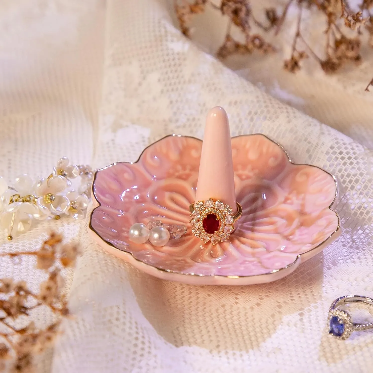 HOMEGOAL Ceramic Ring Holder Dish for Jewelry, Decorative Mandala Jewelry Tray for Rings Earrings Necklaces Watch Keys, Aesthetic Room Decor, Birthday Engagement Wedding Gifts for Women (Pink)