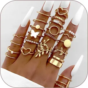 HUASAI Gold Stackable Rings for Women Pearl Leaf Ring Set Cubic Zirconia Heart Butterfly Ring Midi Pinky Thumb Boho Rings Set Birthday Gifts Trendy Stuff