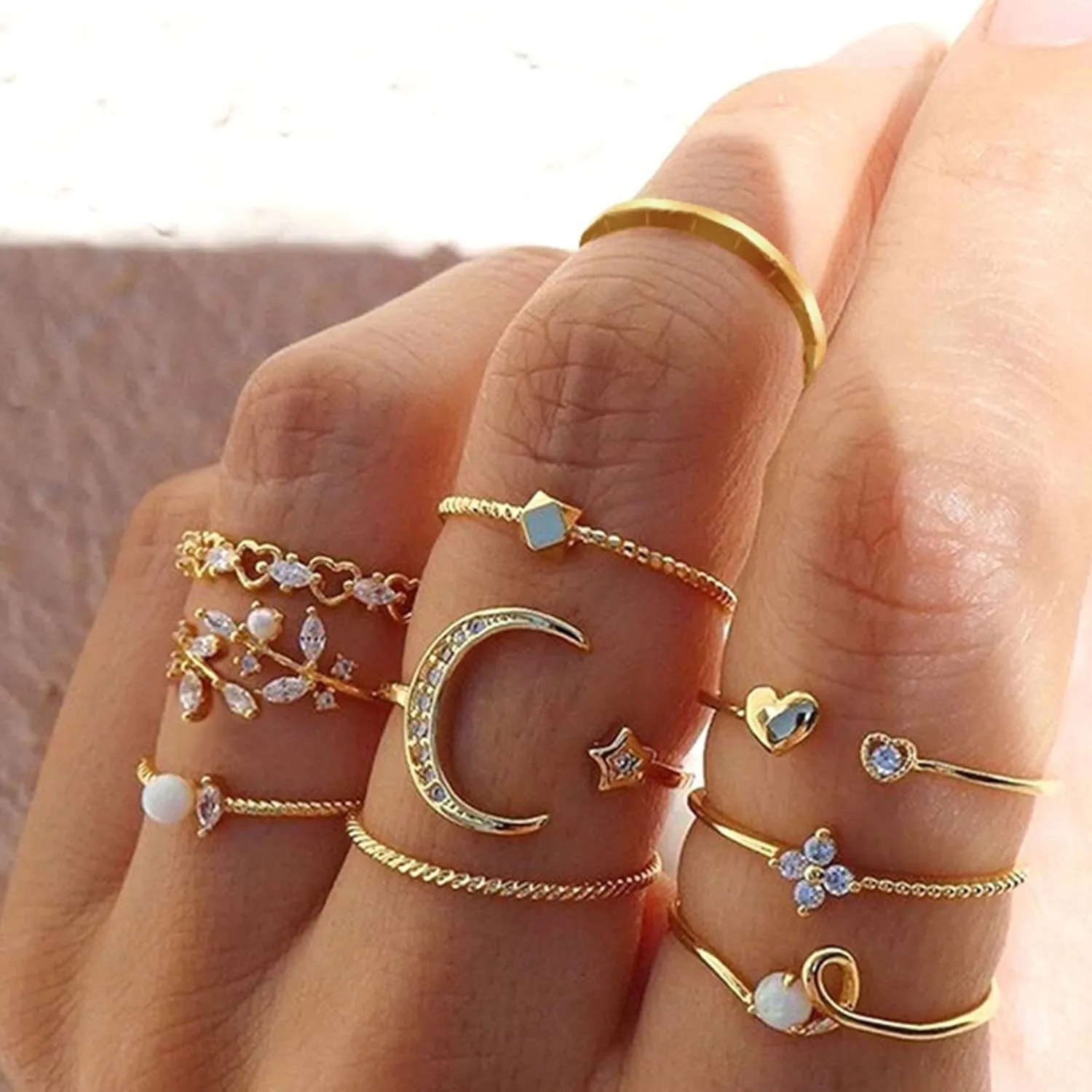 HUASAI Gold Stackable Rings for Women Trendy Cute Rings Stuff Boho Moon Star Butterfly Knuckle Ring Set Dainty Gold Rings Pack Jewelry Gifts