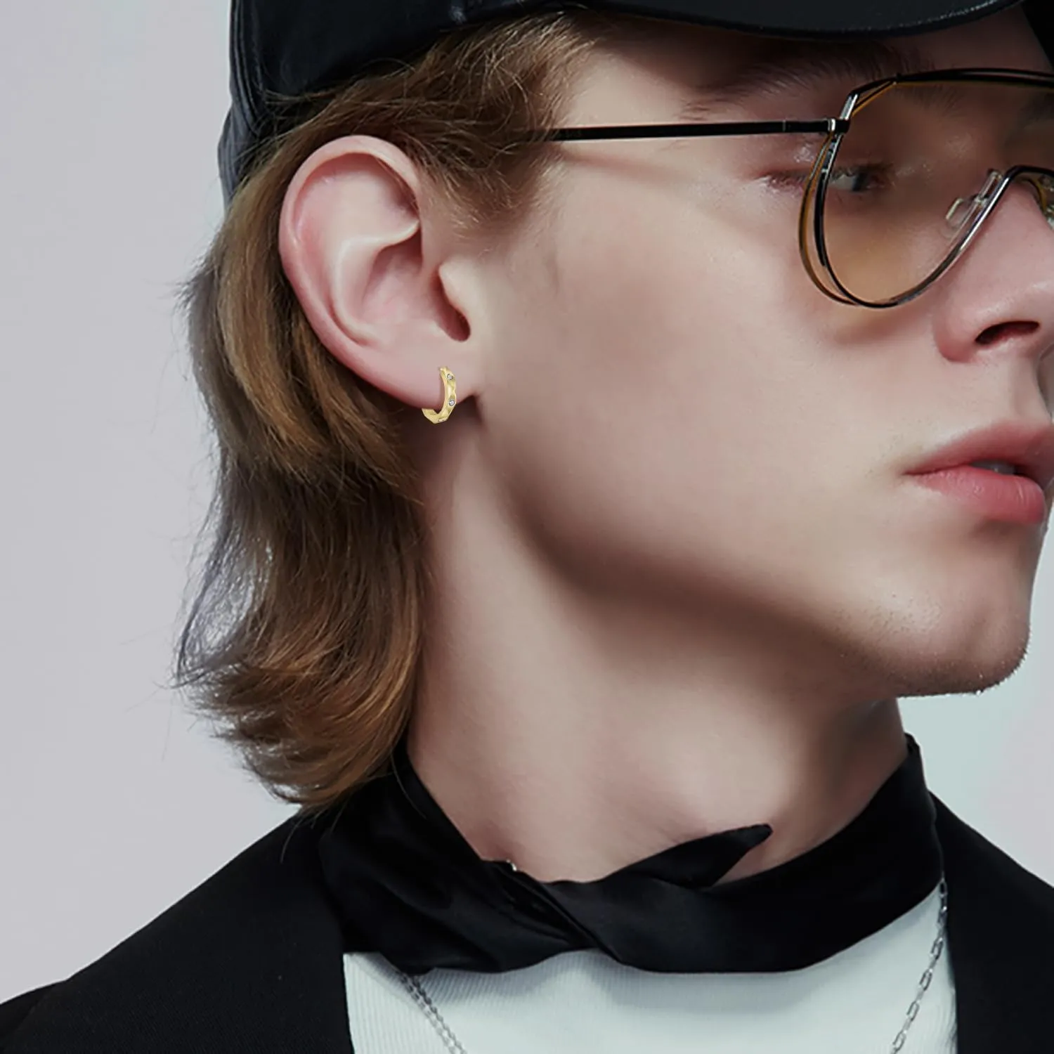 Immobird Hoop Earrings Men Unique Geometric Cut Face 925 Sterling Silver Black Hoop Earrings Handsome and Stylish