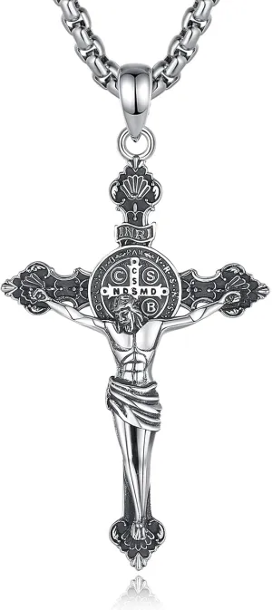 INFUSEU 925 Sterling Silver Jesus Cross Necklaces Crucifix Orthodox Cross Caravaca for Women Men Religious Protection Gifts