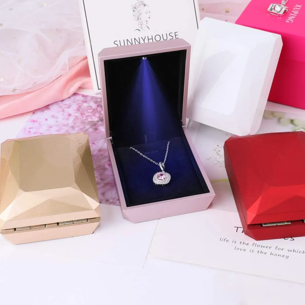 iSuperb LED Pendant Necklace Box Bracelet Box Couple Jewelry Gift Boxes Case Small Jewelry Display for Proposal Engagement Wedding (Red)