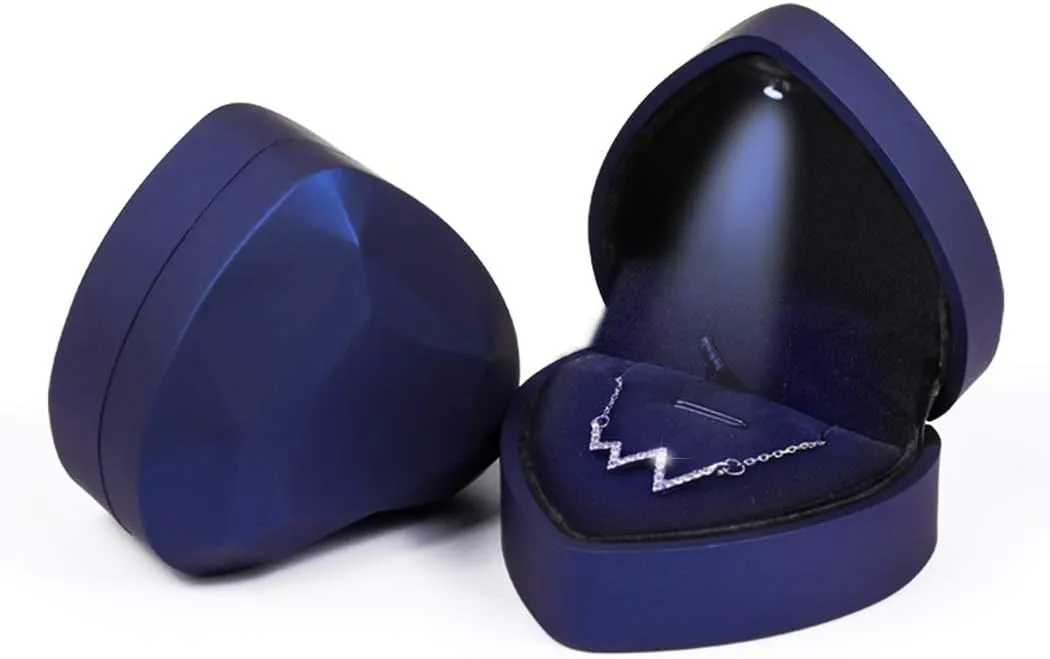 iSuperb Pendant Necklace Box with LED Light Heart Shape Jewelry Gift Box Bracelet Case for Anniversary Wedding Engagment (Blue)