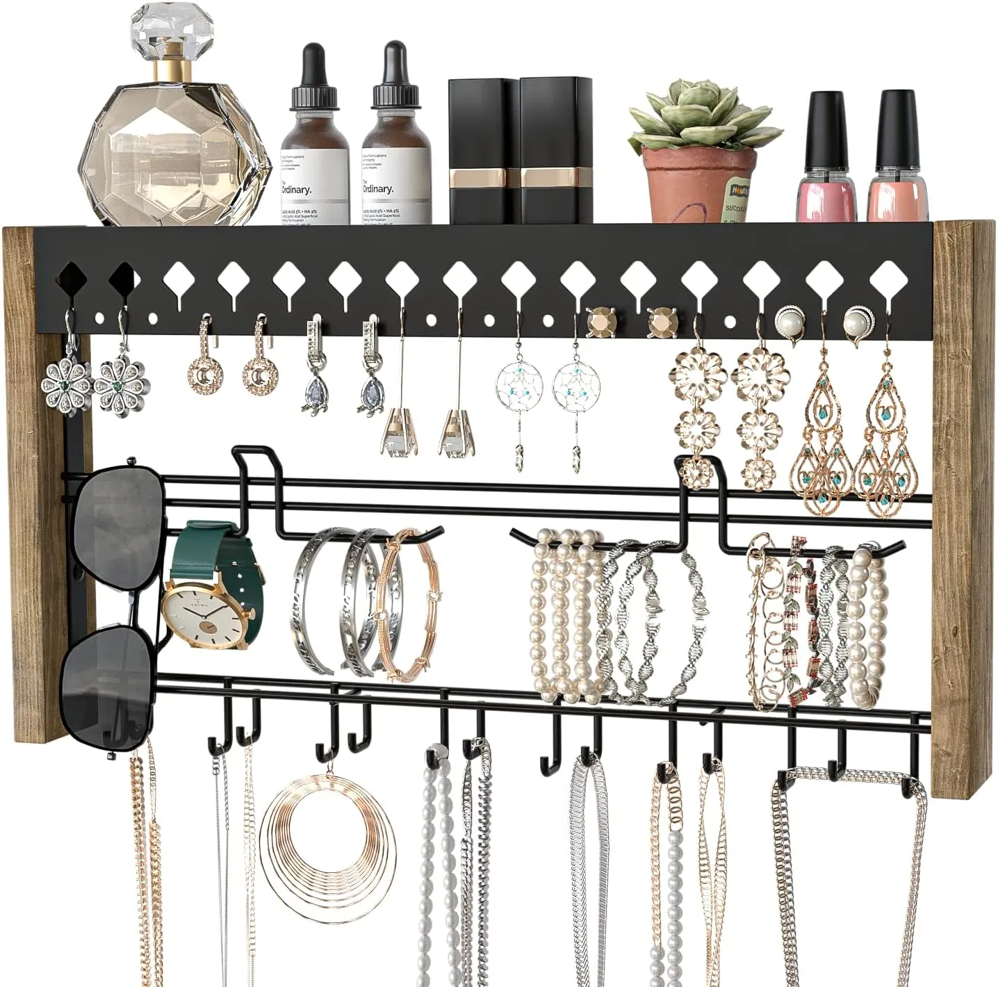 J JACKCUBE DESIGN Rustic Wood Wall Mount Jewelry Organizer with Metal Hooks for Necklaces Earrings and Bracelets (Wood) : MK460A